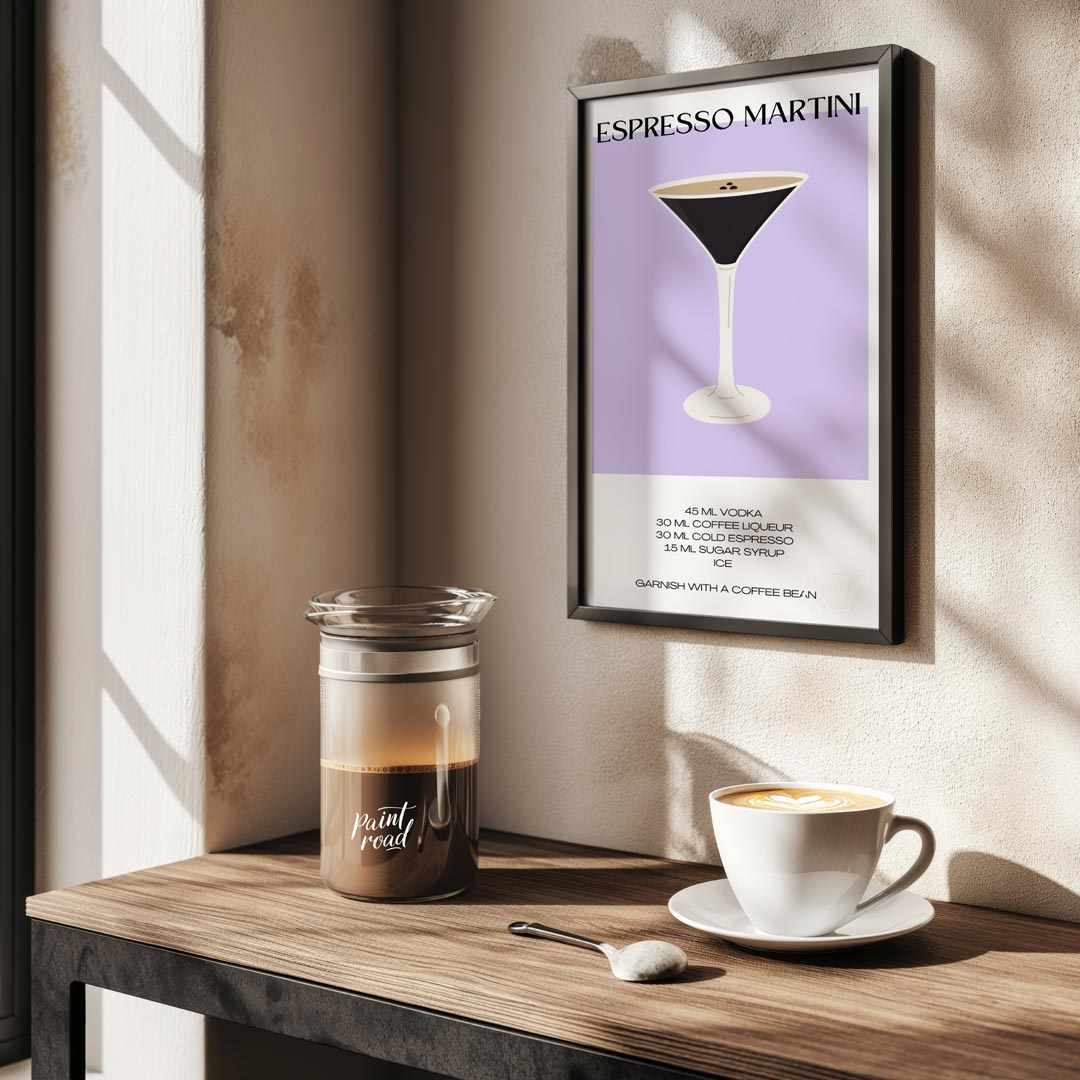This sleek and modern poster features a striking illustration of an Espresso Martini in a sophistic… for kitchen