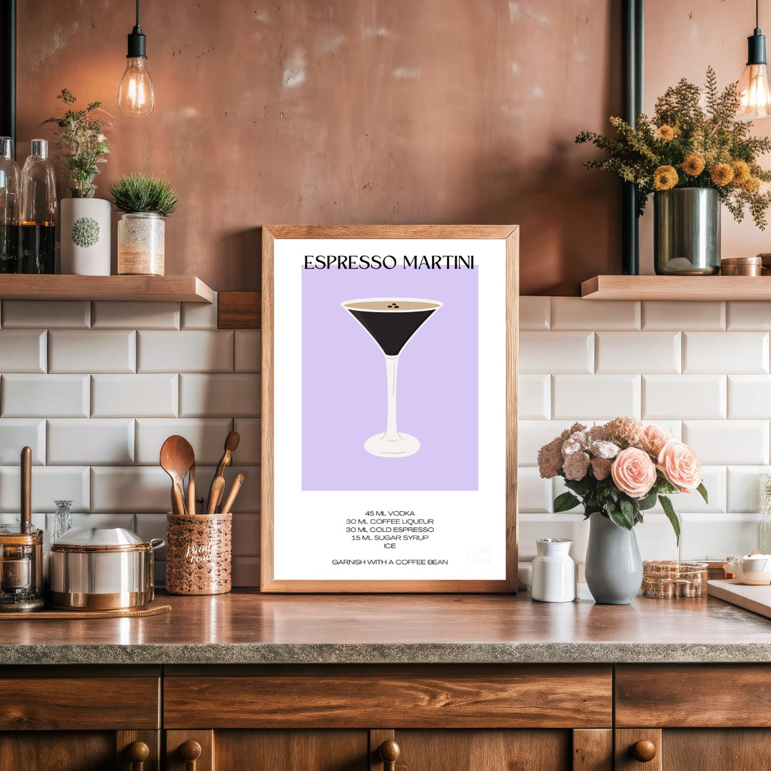This sleek and modern poster features a striking illustration of an Espresso Martini in a sophistic… for kitchen
