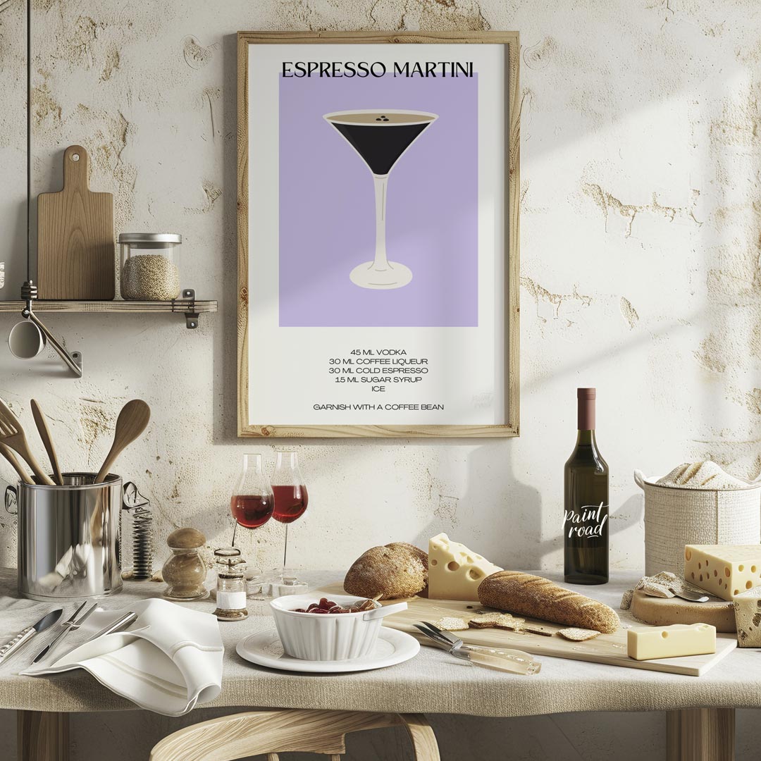 This sleek and modern poster features a striking illustration of an Espresso Martini in a sophistic… for kitchen