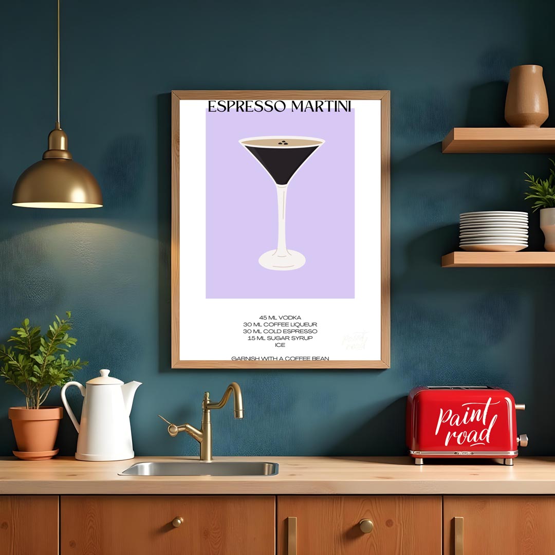 This sleek and modern poster features a striking illustration of an Espresso Martini in a sophistic… for kitchen