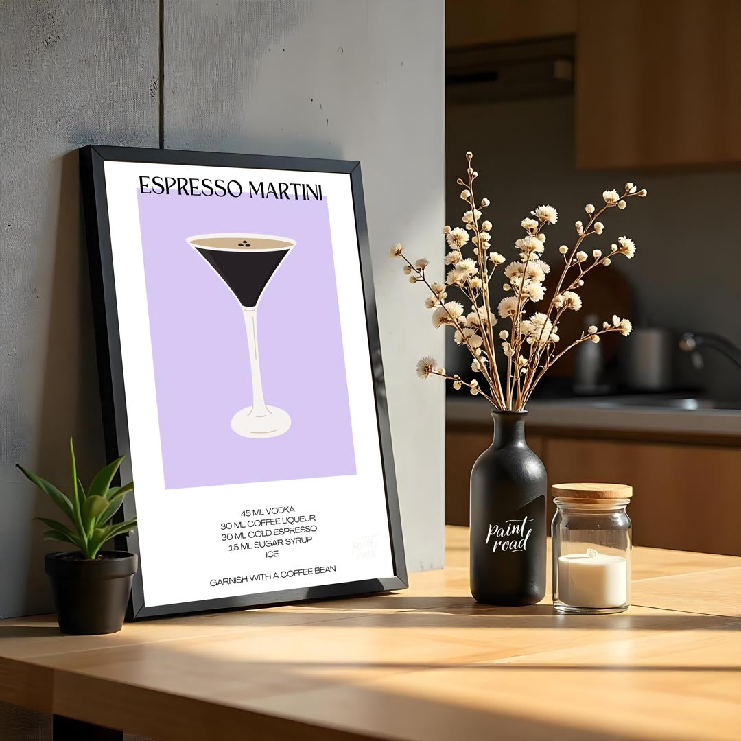 This sleek and modern poster features a striking illustration of an Espresso Martini in a sophistic… for kitchen