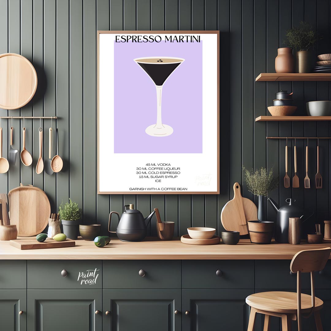 This sleek and modern poster features a striking illustration of an Espresso Martini in a sophistic… for kitchen