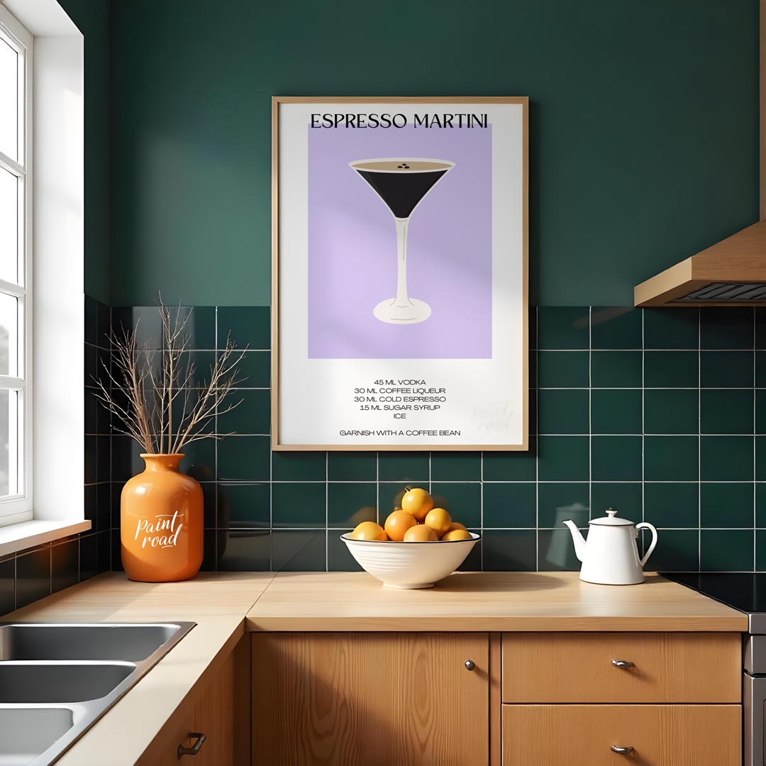 This sleek and modern poster features a striking illustration of an Espresso Martini in a sophistic… for kitchen
