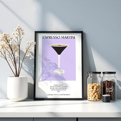 This sleek and modern poster features a striking illustration of an Espresso Martini in a sophistic… for kitchen
