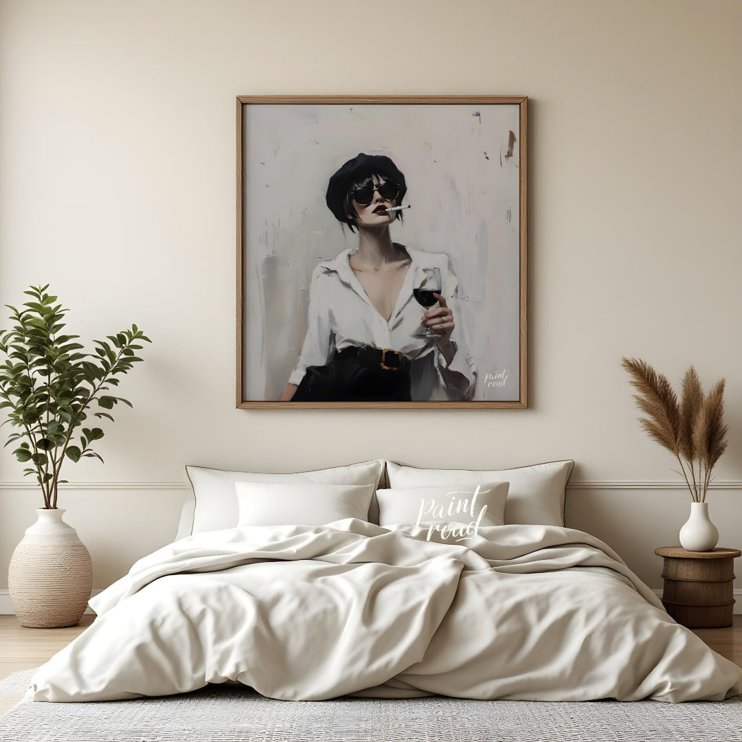 This striking artwork features a stylish woman captured in a moment of sophisticated leisure. She i… for bedroom