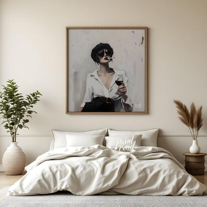 This striking artwork features a stylish woman captured in a moment of sophisticated leisure. She i… for bedroom