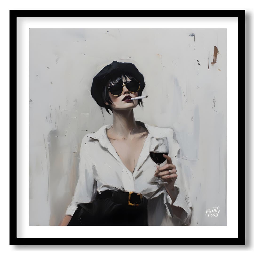 This striking artwork features a stylish woman captured in a moment of sophisticated leisure. She i… for home