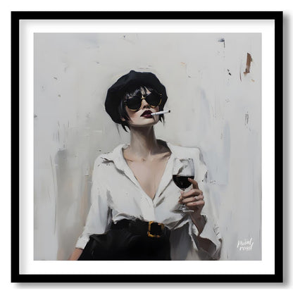 This striking artwork features a stylish woman captured in a moment of sophisticated leisure. She i… for home