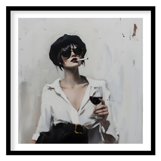 This striking artwork features a stylish woman captured in a moment of sophisticated leisure. She i… for home