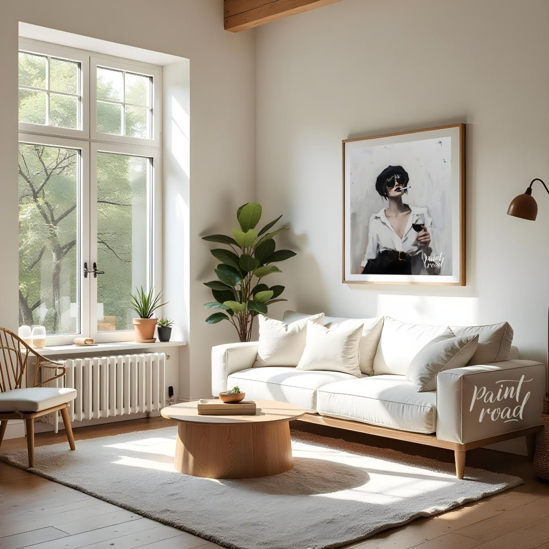 This striking artwork features a stylish woman captured in a moment of sophisticated leisure. She i… for living room