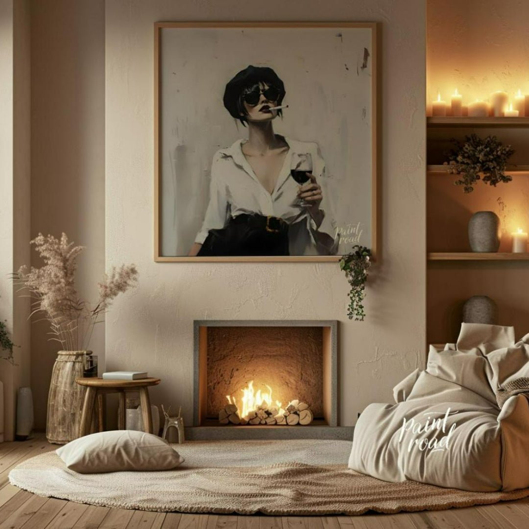 This striking artwork features a stylish woman captured in a moment of sophisticated leisure. She i… for living room