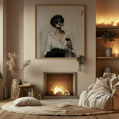 This striking artwork features a stylish woman captured in a moment of sophisticated leisure. She i… for living room