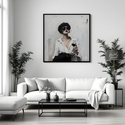 This striking artwork features a stylish woman captured in a moment of sophisticated leisure. She i… for living room