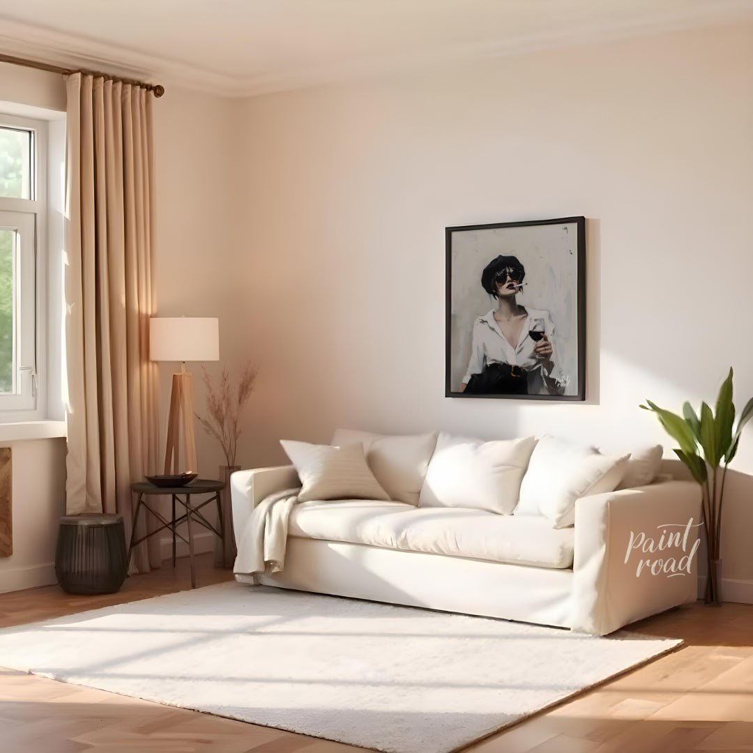 This striking artwork features a stylish woman captured in a moment of sophisticated leisure. She i… for living room
