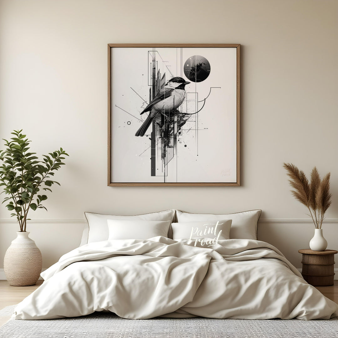 This digital artwork features a meticulously rendered chickadee perched amidst a complex network of… for bedroom