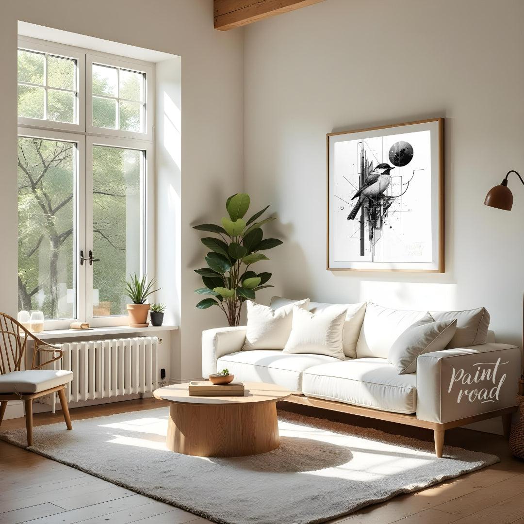 This digital artwork features a meticulously rendered chickadee perched amidst a complex network of… for living room
