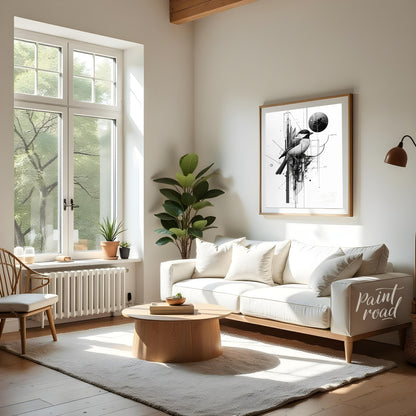 This digital artwork features a meticulously rendered chickadee perched amidst a complex network of… for living room