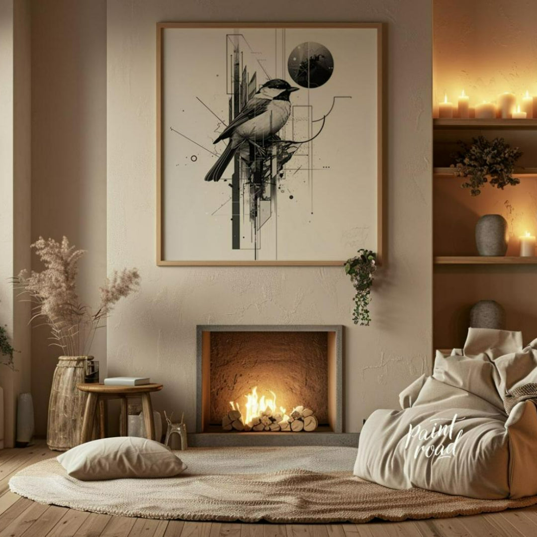 This digital artwork features a meticulously rendered chickadee perched amidst a complex network of… for living room