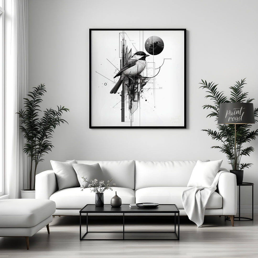 This digital artwork features a meticulously rendered chickadee perched amidst a complex network of… for living room