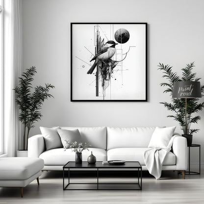 This digital artwork features a meticulously rendered chickadee perched amidst a complex network of… for living room