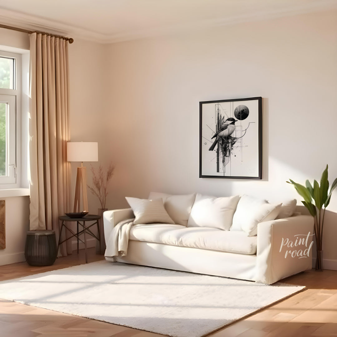 This digital artwork features a meticulously rendered chickadee perched amidst a complex network of… for living room