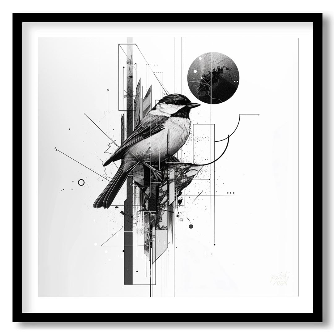 This digital artwork features a meticulously rendered chickadee perched amidst a complex network of… for place
