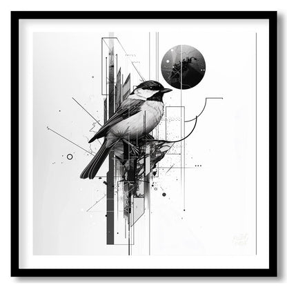 This digital artwork features a meticulously rendered chickadee perched amidst a complex network of… for place