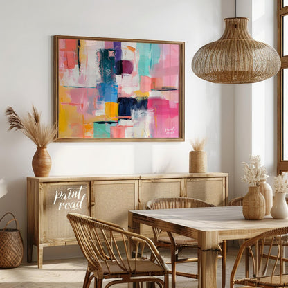 This abstract painting is a vibrant explosion of color and texture. The artist employs a bold palet… for dining room