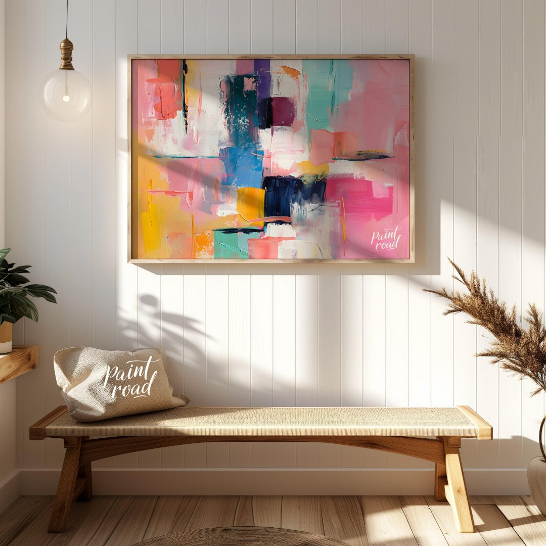 This abstract painting is a vibrant explosion of color and texture. The artist employs a bold palet… for entryway