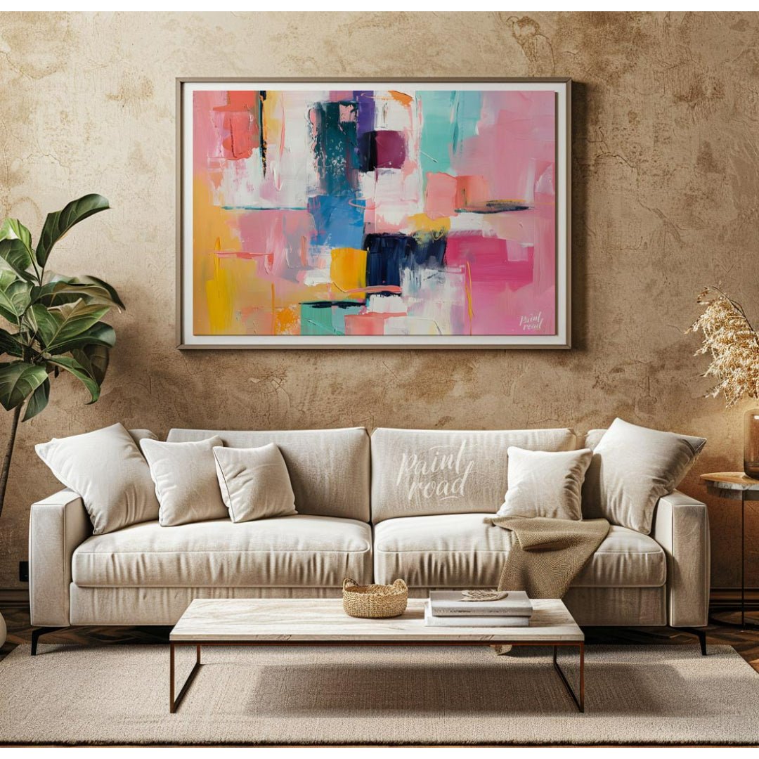 This abstract painting is a vibrant explosion of color and texture. The artist employs a bold palet… for living room
