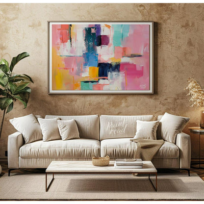 This abstract painting is a vibrant explosion of color and texture. The artist employs a bold palet… for living room