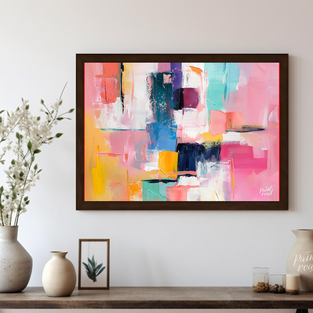 This abstract painting is a vibrant explosion of color and texture. The artist employs a bold palet… for living room