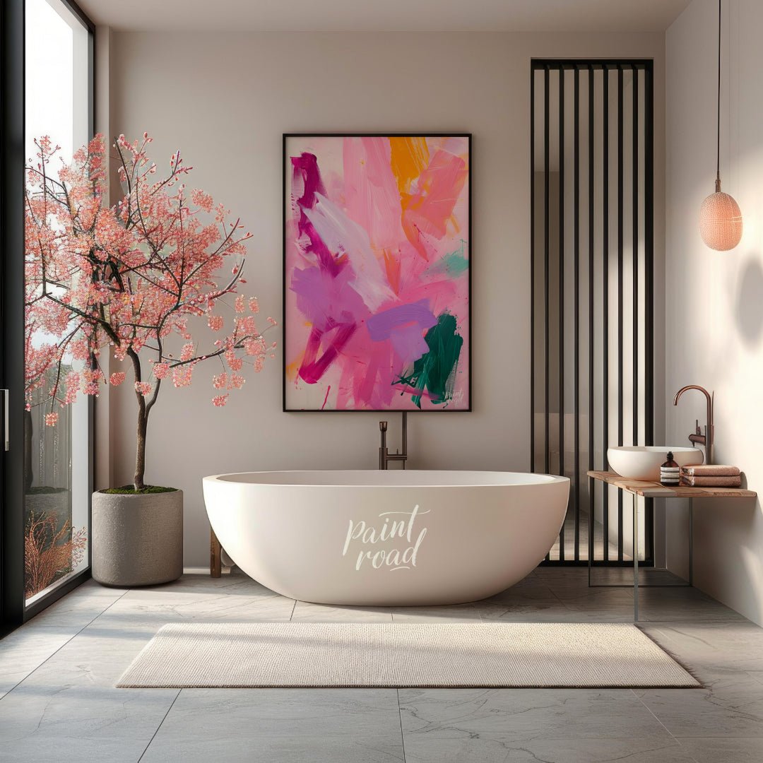 This vibrant abstract painting explodes with a symphony of colors, featuring bold brushstrokes of p… for bathroom