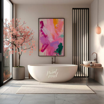 This vibrant abstract painting explodes with a symphony of colors, featuring bold brushstrokes of p… for bathroom