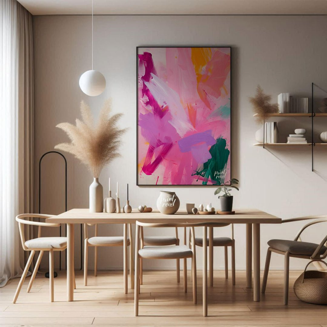 This vibrant abstract painting explodes with a symphony of colors, featuring bold brushstrokes of p… for dining room