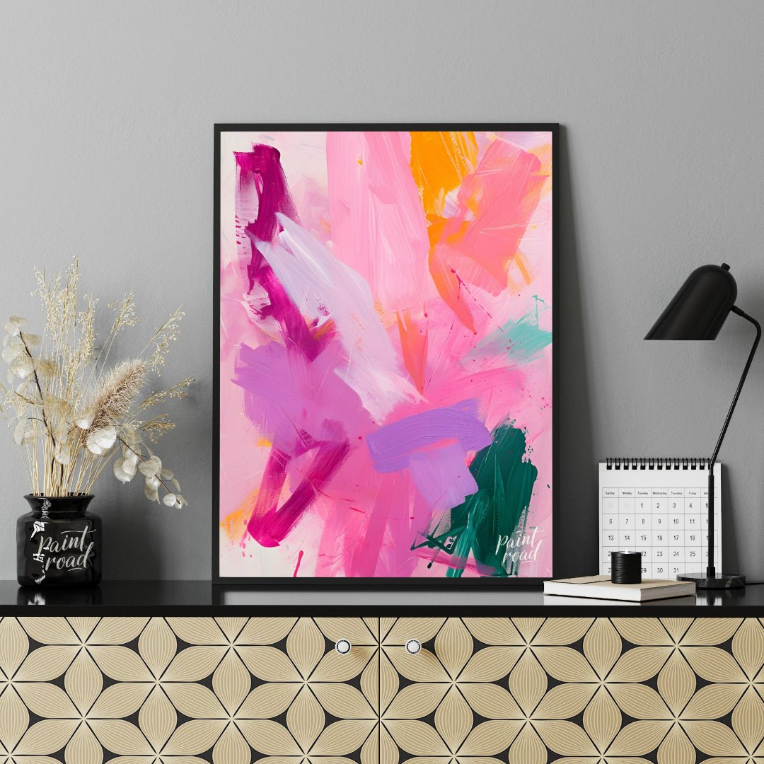 This vibrant abstract painting explodes with a symphony of colors, featuring bold brushstrokes of p… for office