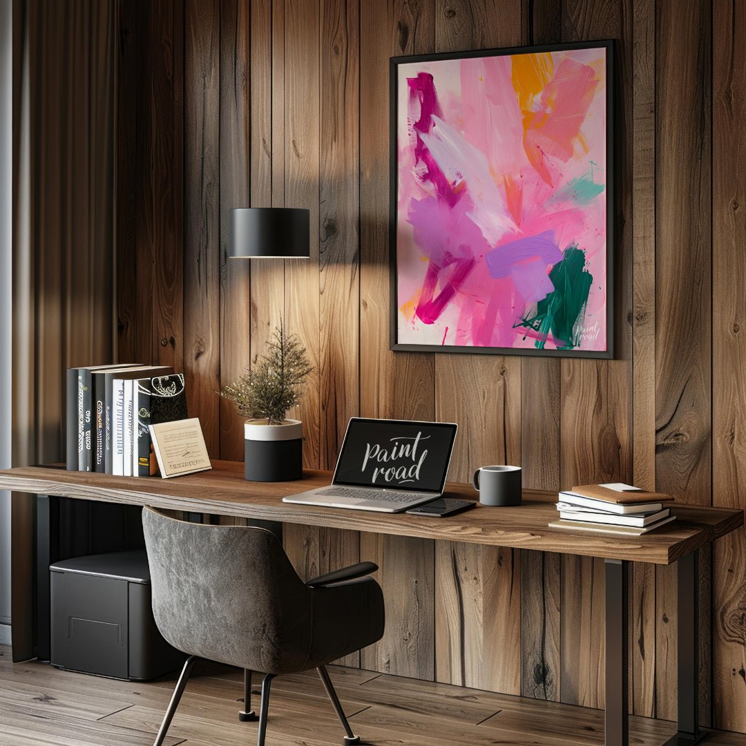 This vibrant abstract painting explodes with a symphony of colors, featuring bold brushstrokes of p… for office