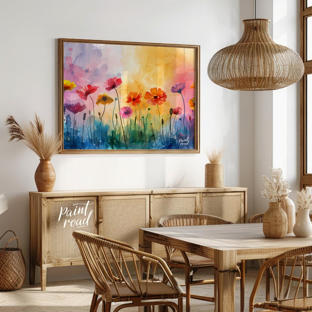 This vibrant digital watercolor painting captures a whimsical field of flowers against a backdrop o… for dining room