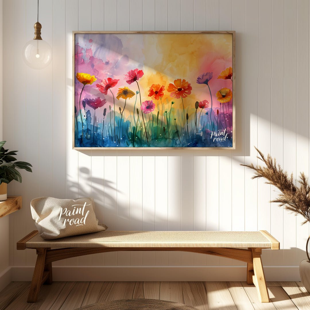 This vibrant digital watercolor painting captures a whimsical field of flowers against a backdrop o… for entryway
