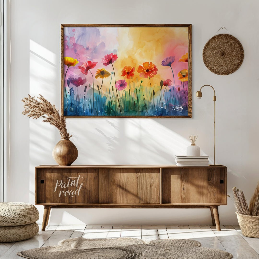This vibrant digital watercolor painting captures a whimsical field of flowers against a backdrop o… for living room