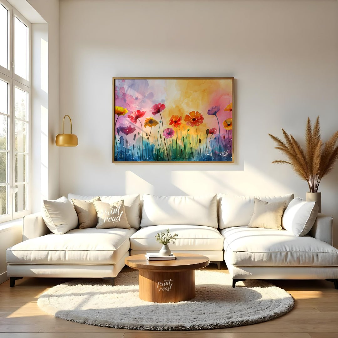 This vibrant digital watercolor painting captures a whimsical field of flowers against a backdrop o… for living room