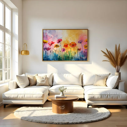 This vibrant digital watercolor painting captures a whimsical field of flowers against a backdrop o… for living room
