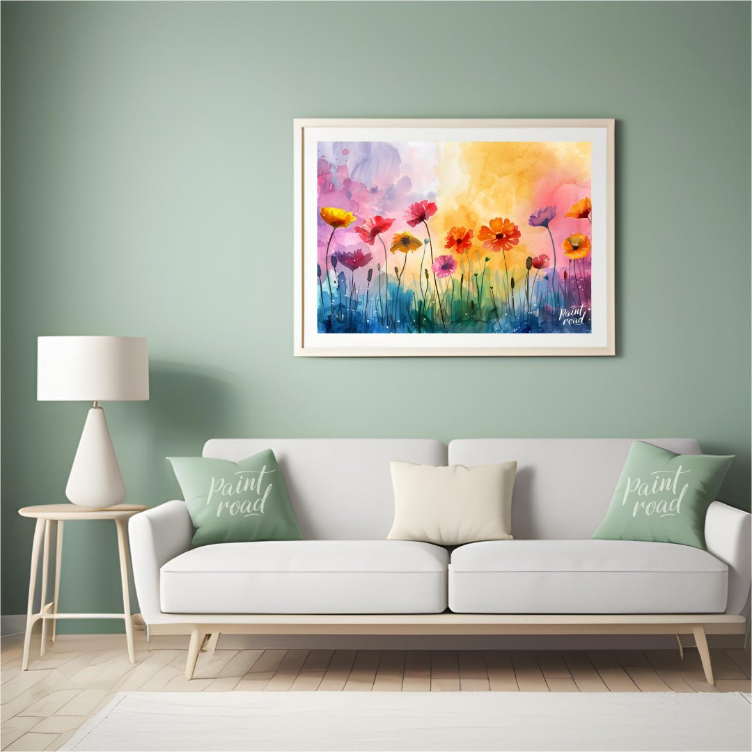 This vibrant digital watercolor painting captures a whimsical field of flowers against a backdrop o… for living room