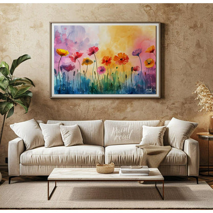 This vibrant digital watercolor painting captures a whimsical field of flowers against a backdrop o… for living room