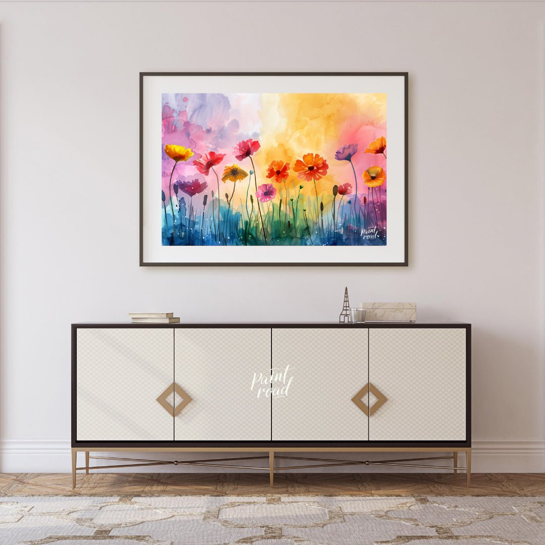 This vibrant digital watercolor painting captures a whimsical field of flowers against a backdrop o… for living room