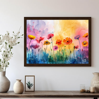 This vibrant digital watercolor painting captures a whimsical field of flowers against a backdrop o… for living room