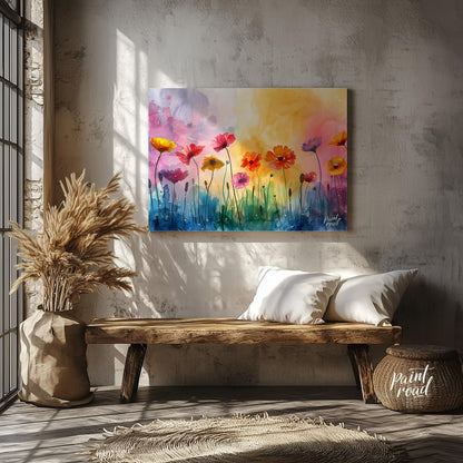 This vibrant digital watercolor painting captures a whimsical field of flowers against a backdrop o… for living room