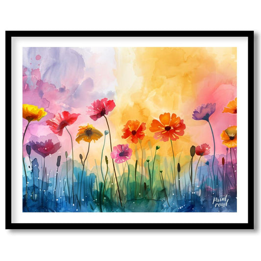 This vibrant digital watercolor painting captures a whimsical field of flowers against a backdrop o… for lovely house