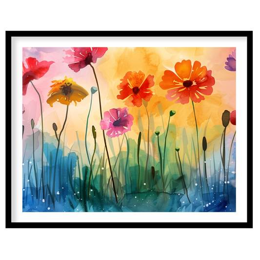 This vibrant digital watercolor painting captures a whimsical field of flowers against a backdrop o… for lovely house