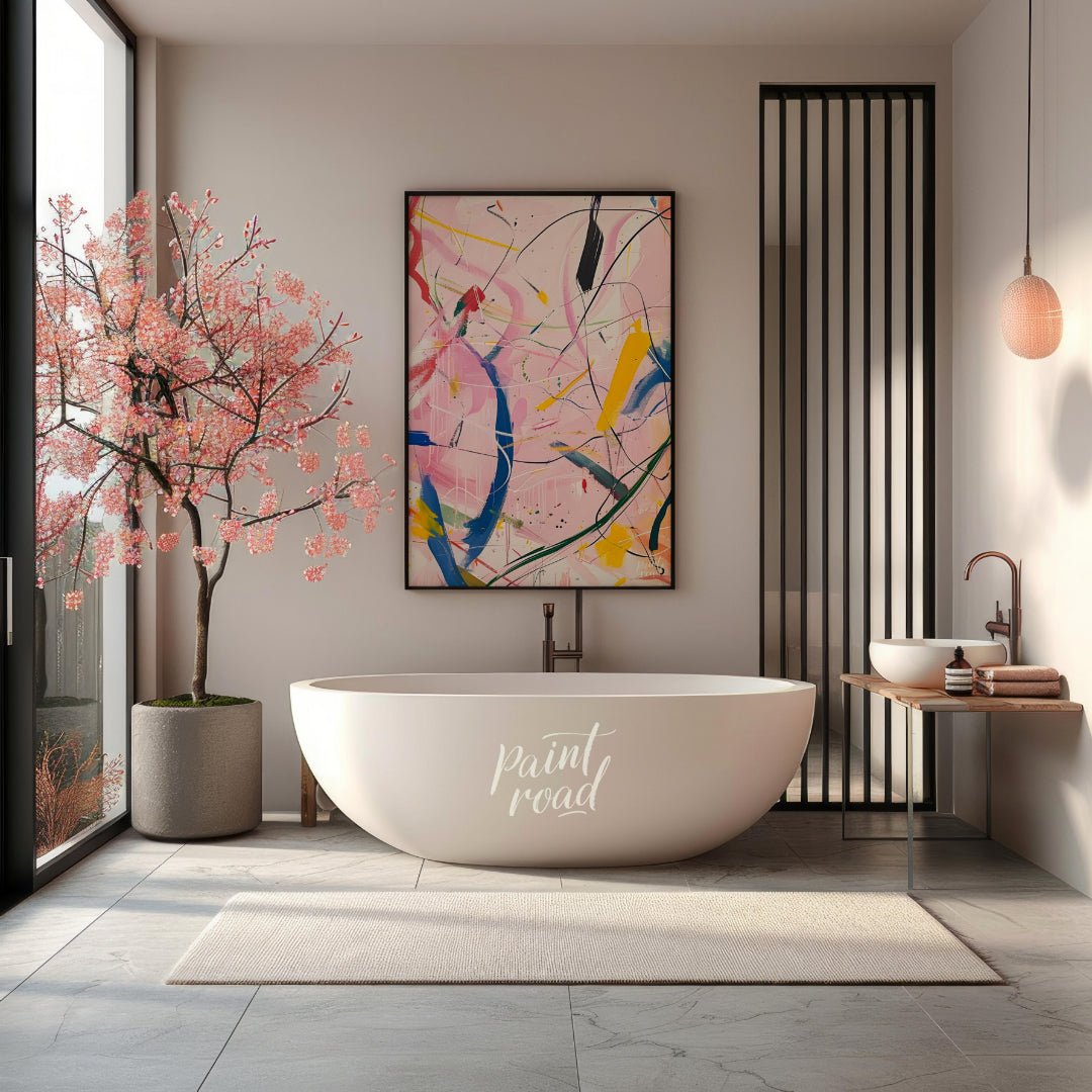 This abstract expressionist painting explodes with energy and movement. A vibrant array of colors, … for bathroom